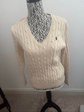 Ralph Lauren Cream Cable-Knit V-Neck Sweater with Navy Pony